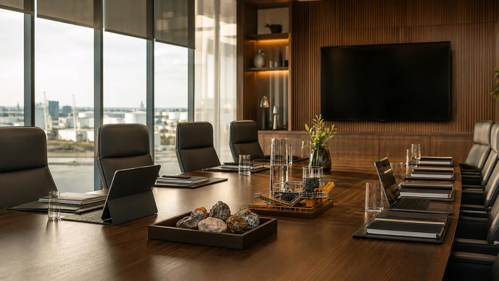 Executive boardroom prepared for governance and industrial portfolio discussions